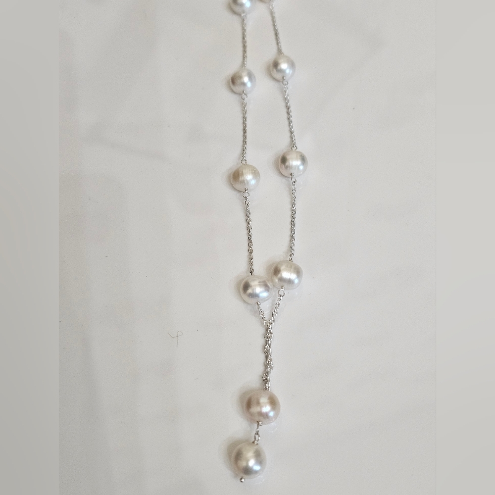 Genuine Freshwater Pearl Station Necklace Sterling Silver 20" - Picture 2 of 4